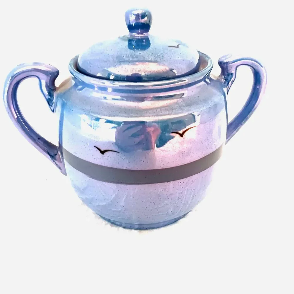 Vintage RS Made in Japan Lusterware Sugar Bowl | Iridescent Blue Landscape Scene